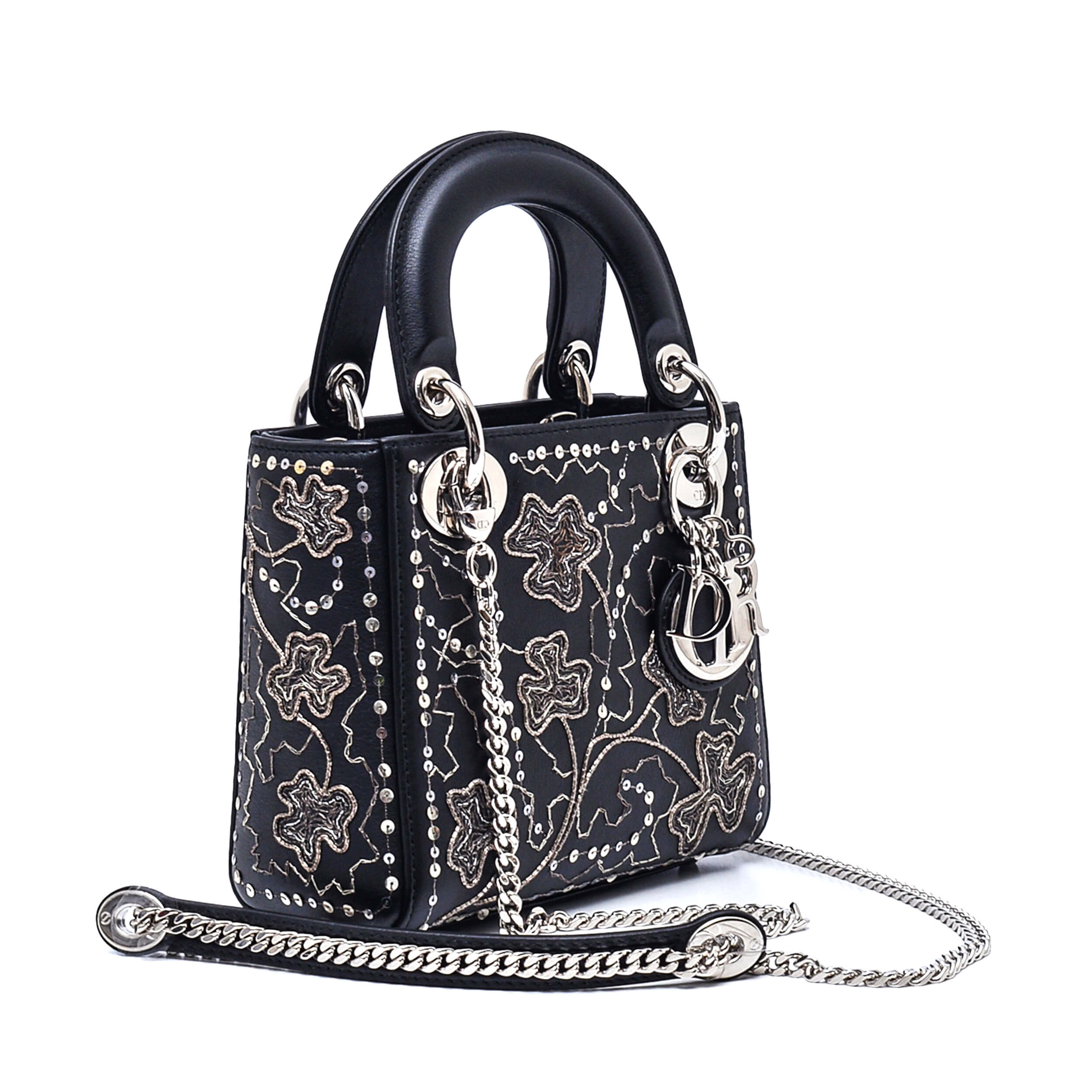 Christian Dior - Black&Sequin Floral Embroidered 2019 Collect Mini Lady Dior Bag with Chain Strap